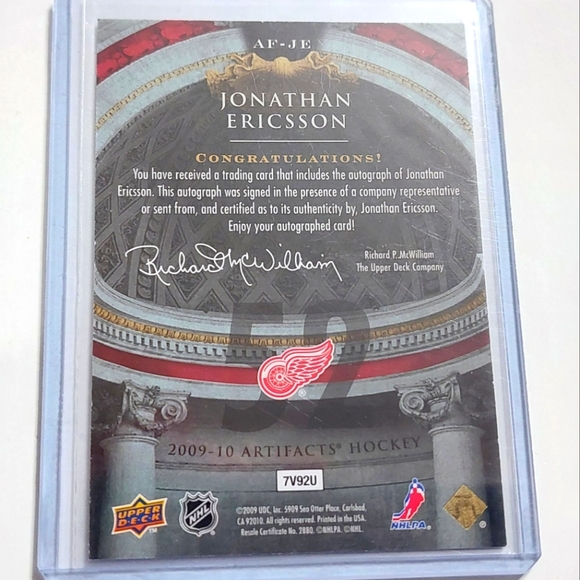 Jonathan Ericsson Artifacts Second Year Card 2009/10 Detroit Red Wings Autograph - Picture 2 of 2